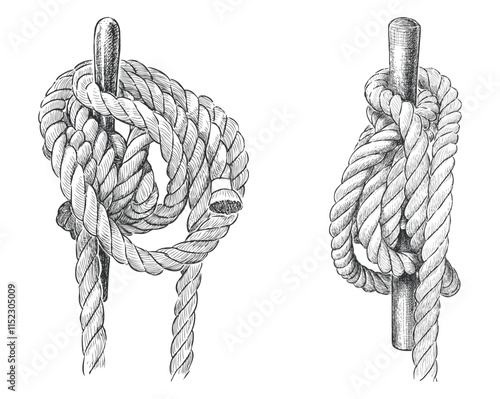 Hand drawings of rigging rope skeins of rigging rope, vector illustration isolated on white