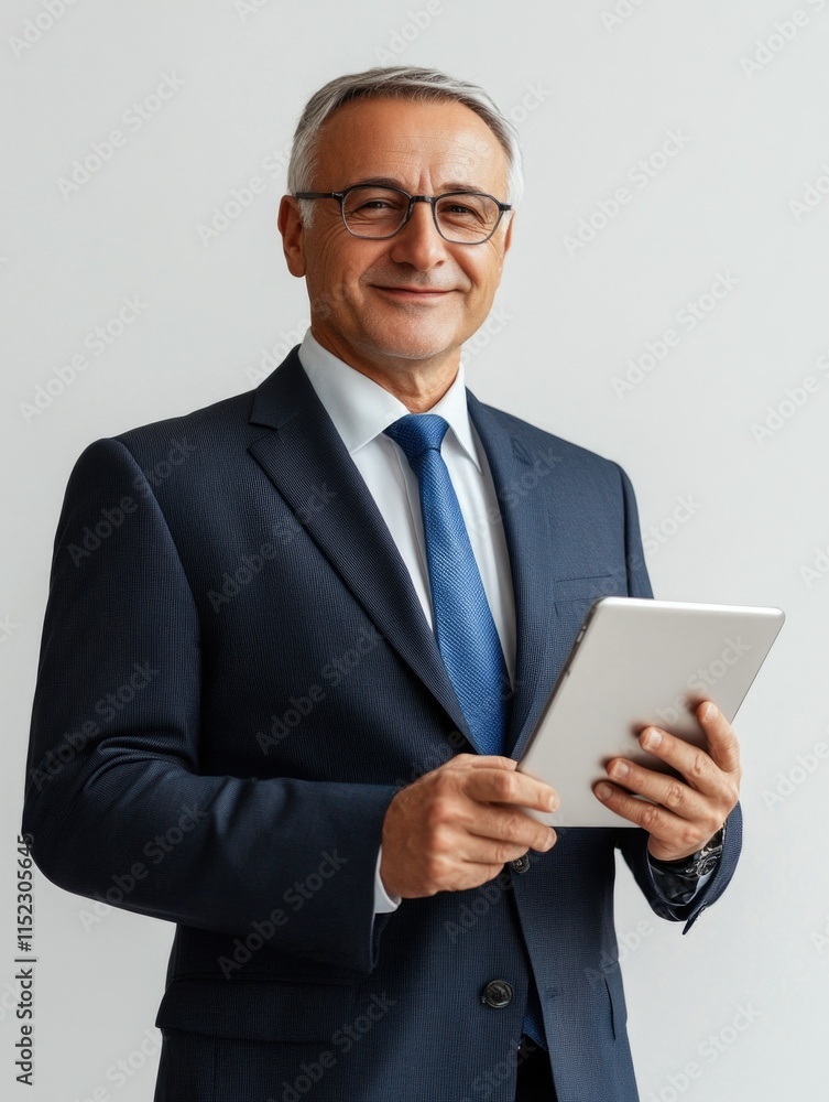 Professional Man in Business Suit Holding Tablet Professional Man in Business Suit Holding Tablet