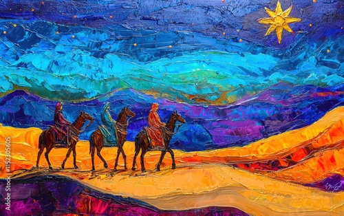 A vibrant painting-style depiction of the three wise men following the star of Bethlehem across the desert. photo