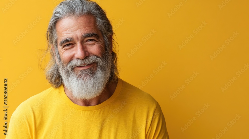 Grey-haired bearded man smiling at camera against a yellow background Grey-haired bearded man smiling at camera against a yellow background