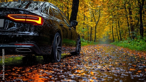 Hail-damaged car under tree in autumn forest nature photography serene environment low angle view vehicle condition awareness photo