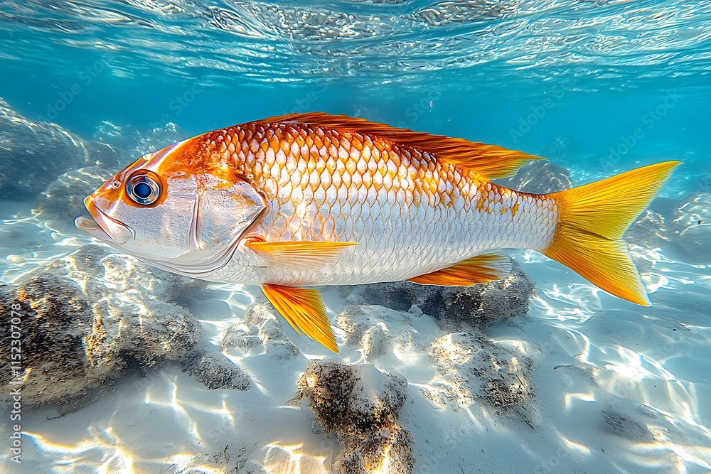 Naklejka premium Vivid Orange And White Fish Swims Underwater
