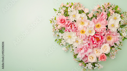Colorful heart made of blooming flowers arranged on a light green background for a decorative touch
