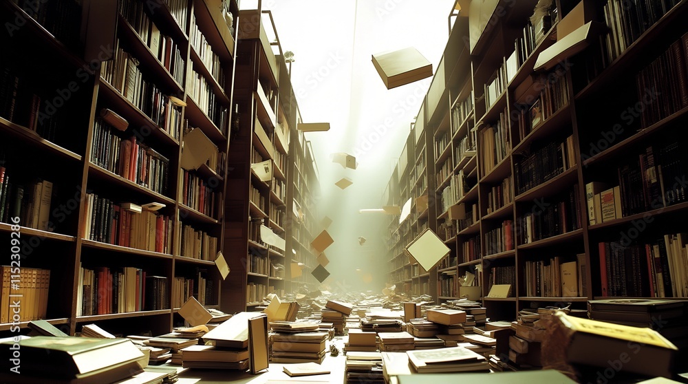Obraz premium Floating books create a surreal atmosphere in a grand library during an unknown event