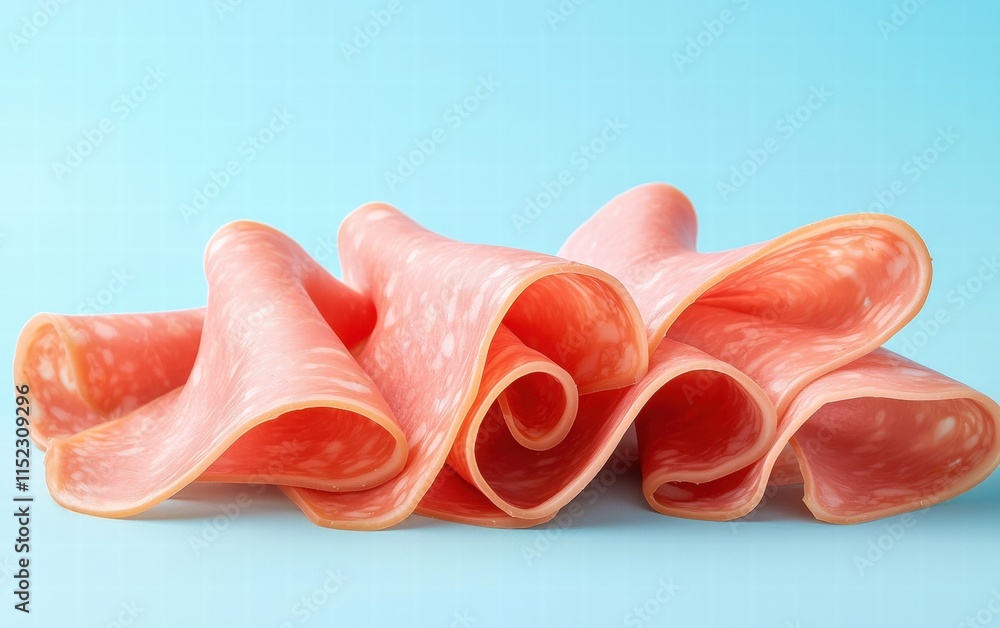 A dynamic serving of bologna slices, arranged beautifully, on a light blue background A dynamic serving of bologna slices, arranged beautifully, on a light blue background