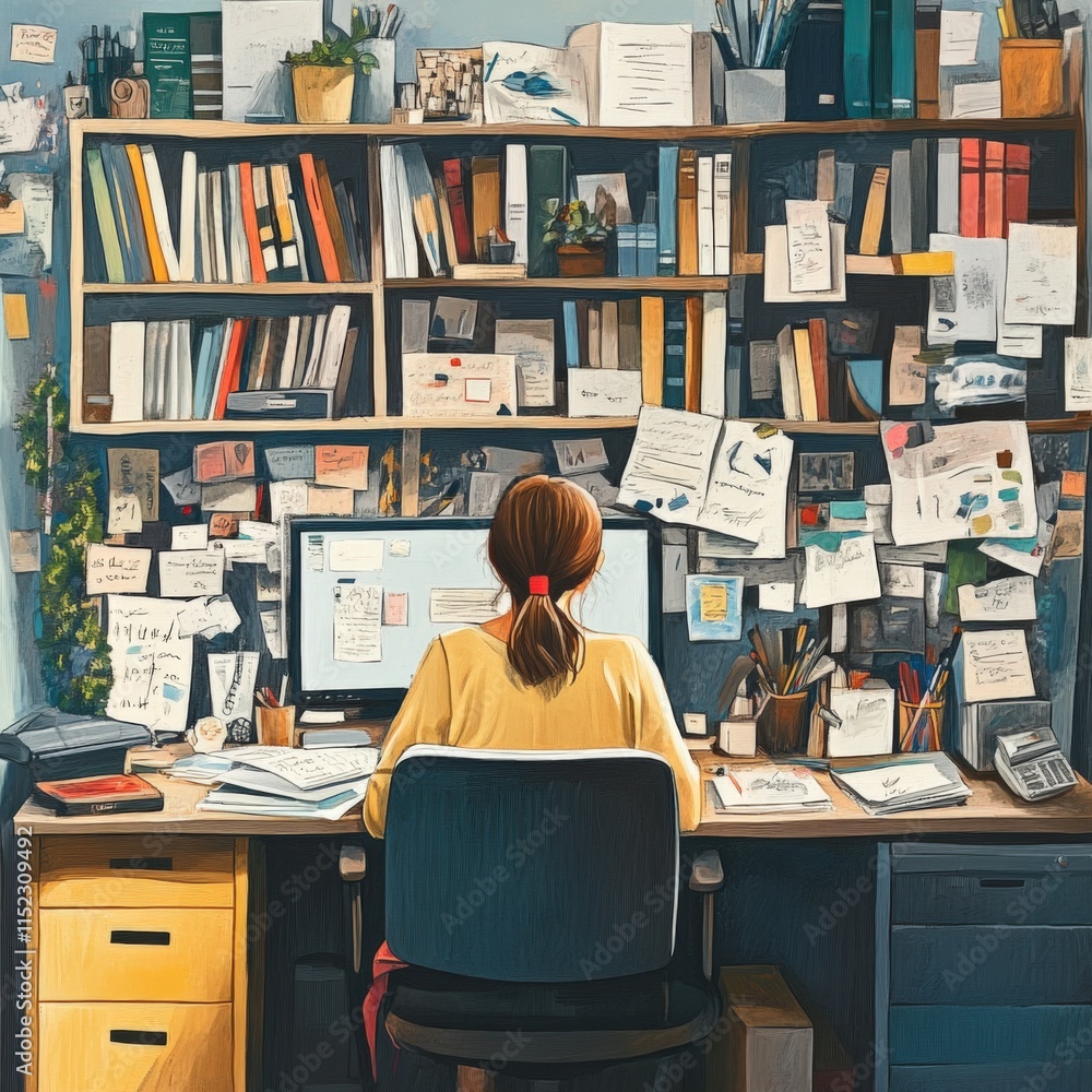 person working at cluttered desk with computer person working at cluttered desk with computer