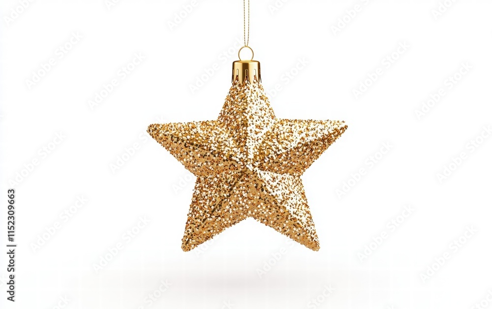 A glittering gold star-shaped Christmas ornament hovering mid-air, isolated on white A glittering gold star-shaped Christmas ornament hovering mid-air, isolated on white