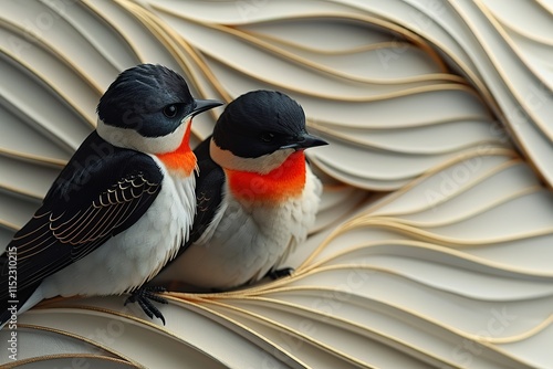 two swallows with gold lines, 2D illustration photo