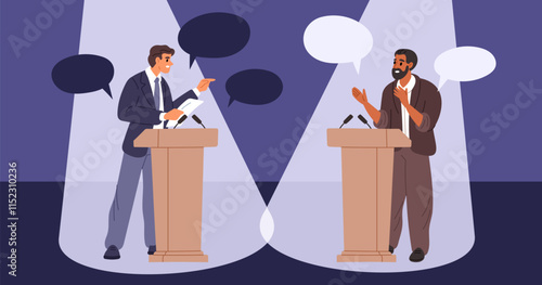 Political opponents arguing. Presidential candidates debating on stage. Parties members. Public speech. Speakers standing at tribunes. Politicians discussion. Garish vector concept