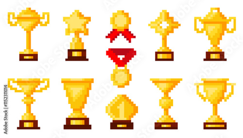 Pixel art golden trophies. Winner rewards. First place medals. Award cups. Victory statuettes. Arcade video game style. Retro 80s design winning icons. Best gamer. Vector gold goblets set