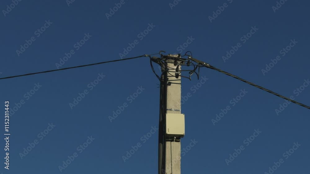 This image showcases a utility pole against a vibrant blue sky, ideal for themes on energy and infrastructure. This image showcases a utility pole against a vibrant blue sky, ideal for themes on energy and infrastructure.