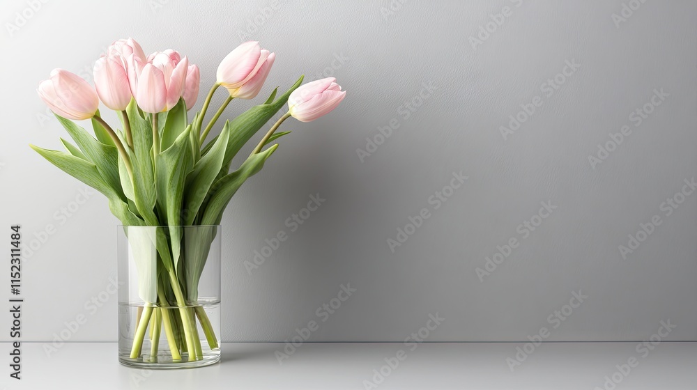 Obraz premium Soft pink tulips stand elegantly in a transparent glass vase, showcasing their vibrant colors against a sleek marble background, creating a fresh and inviting atmosphere