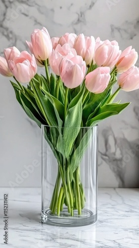Wallpaper Mural Soft pink tulips stand elegantly in a transparent glass vase, showcasing their vibrant colors against a sleek marble background, creating a fresh and inviting atmosphere Torontodigital.ca