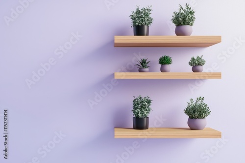 Obraz na płótnie A 3D vector illustration featuring wooden shelves with small potted plants all set against a soft lavender background The design w salonie