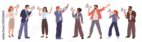 People shouting into loudspeakers. Characters with megaphones. Persons agitating and announcing. Public speakers. Propaganda and agitation. Demonstration activist. Garish vector set