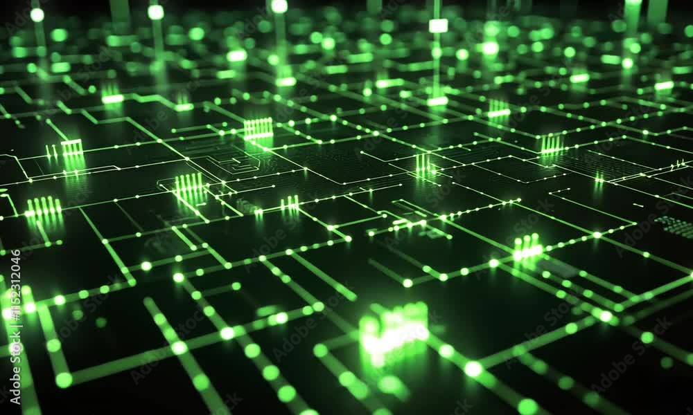 Abstract Digital Network Glowing Green Circuit Board Technology Background Abstract Digital Network Glowing Green Circuit Board Technology Background