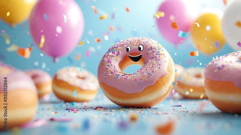 Happy donut with sprinkles surrounded by balloons and confetti. Happy donut with sprinkles surrounded by balloons and confetti.