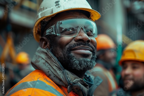 Portrait of a smiling construction worker wearing a helmet and glasses, surrounded by fellow workers on-site. photo