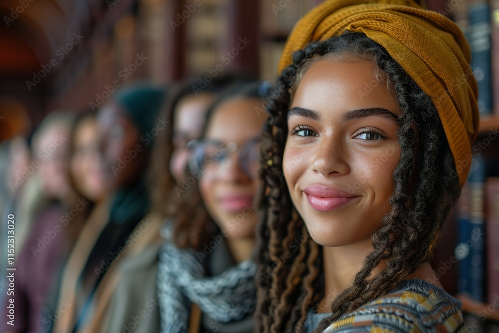 Portrait of a smiling girl surrounded by a diverse group in a library, showcasing confidence and positive energy. Portrait of a smiling girl surrounded by a diverse group in a library, showcasing confidence and positive energy.