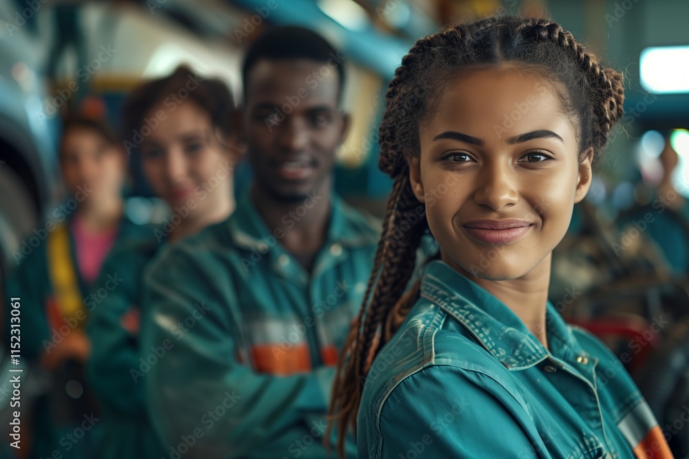 Portrait of diverse technicians confidently working in a workshop environment, showcasing teamwork and skill. Portrait of diverse technicians confidently working in a workshop environment, showcasing teamwork and skill.
