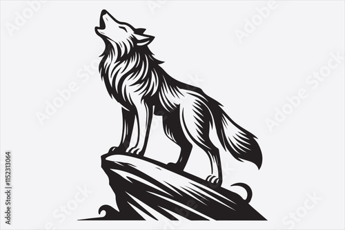 A stylized black and white silhouette of a wolf howling. photo