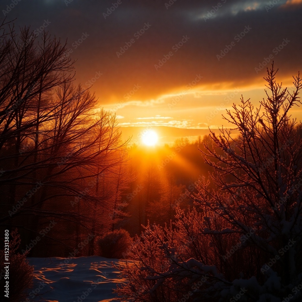 Obraz premium A serene winter view in warm golden light with contrasting chiaroscuro lighting, stock photography style, radiant and luxurious, strong contrasts, deep shadows