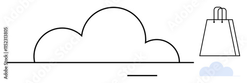 Cloud outline paired with a simple shopping bag. Ideal for e-commerce, online shopping, cloud storage, data management, online services, digital transactions, and retail marketing. Line metaphor