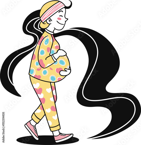 Joyful Pregnancy: A pregnant woman, dressed in a vibrant yellow and pink outfit with hearts, walks with a radiant smile
