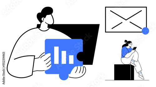 Man holding puzzle piece with bar chart, analyzing data on monitor. Woman seated, reading tablet near large message icon. Ideal for business, teamwork, communications, productivity, data analysis