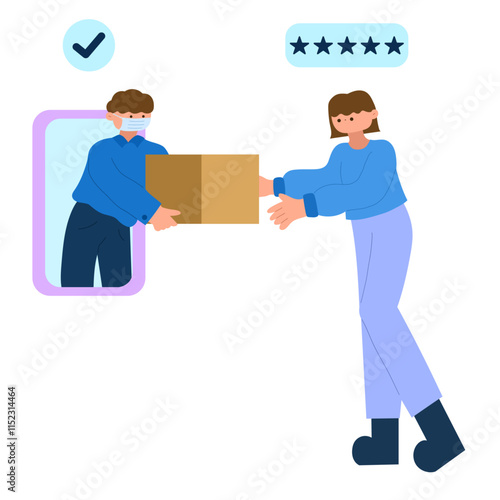 online delivery service with masked courier and satisfied customer flat vector illustration