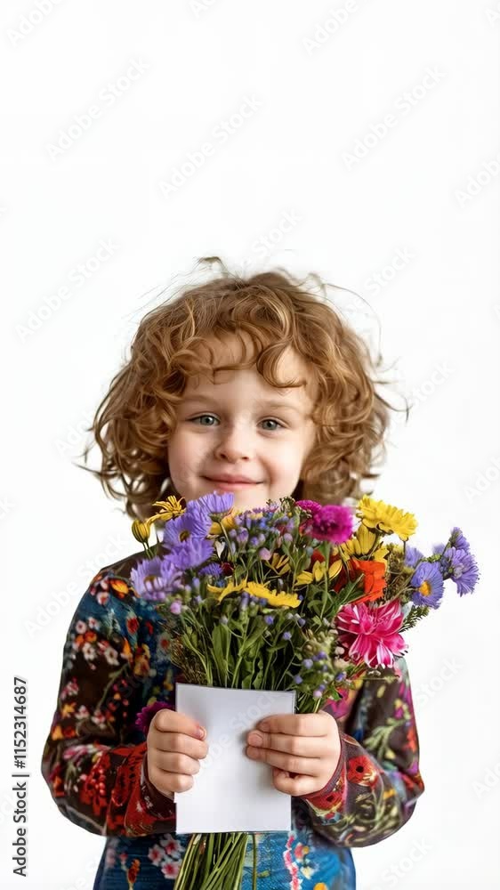 Little Caucasian girl holding bouquet of wild flowers and card in blank for text over white background Little Caucasian girl holding bouquet of wild flowers and card in blank for text over white background