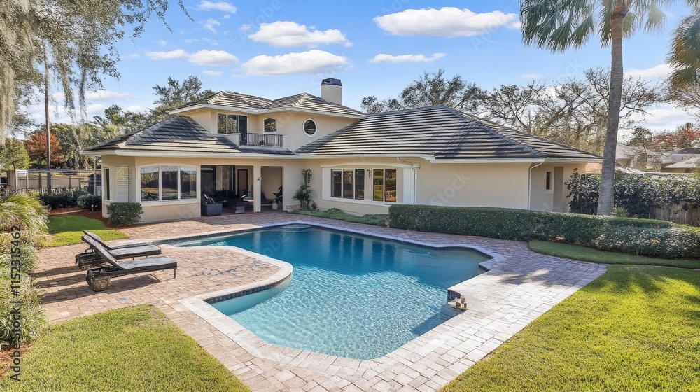 Fototapeta premium A modern house with a pool and patio area surrounded by greenery.