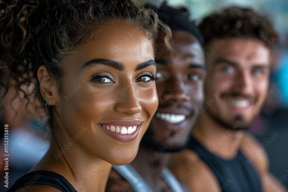 Three diverse friends smiling while enjoying time together at a fitness studio, celebrating health and friendship. Three diverse friends smiling while enjoying time together at a fitness studio, celebrating health and friendship.