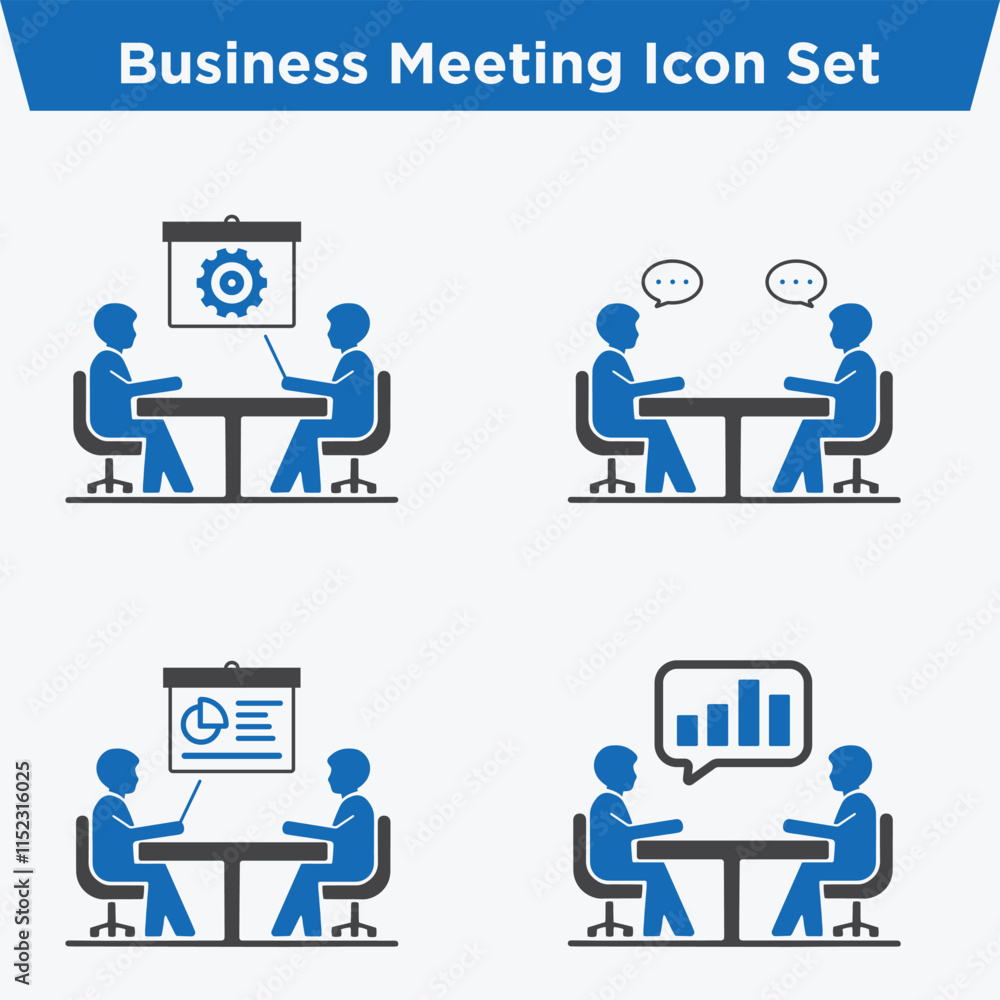 Business Meetings Flat icons set, Presentations, conference, Planning and Group discussion by Employees. Business Meetings Flat icons set, Presentations, conference, Planning and Group discussion by Employees.