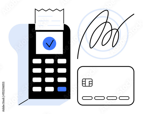 Payment terminal printing receipt, credit card, signature in blue circle. Ideal for finance, retail, e-commerce, transactions, banking point-of-sale electronic payments. Line metaphor