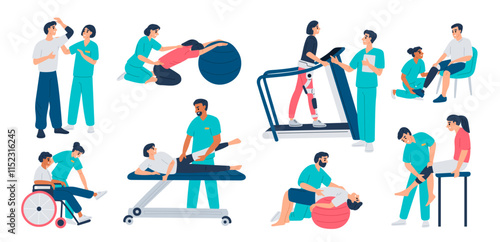 Patients rehabilitation. People restore mobility of joints. Limbs and develop muscles under physiotherapists supervision. Disabled persons physiotherapy treatment. Garish vector set