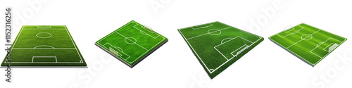 set of A 3D illustration of a green soccer field with white lines on the ground, on PNG format Transparent Background 