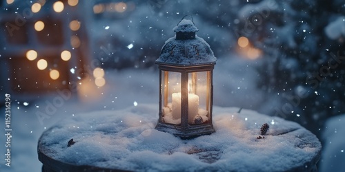 Wintery Mood: A Festive Scene with Candlelit Lantern and Snow photo