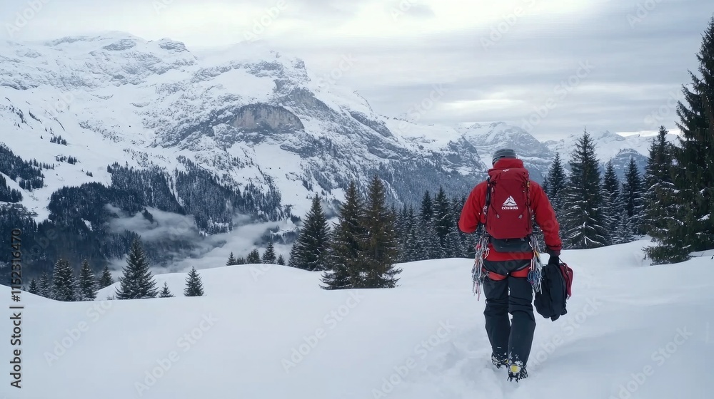 A hiker in a bright red jacket walks along a snowy trail surrounded by tall evergreen trees and majestic mountains. The picturesque winter scenery enhances the adventure spirit A hiker in a bright red jacket walks along a snowy trail surrounded by tall evergreen trees and majestic mountains. The picturesque winter scenery enhances the adventure spirit