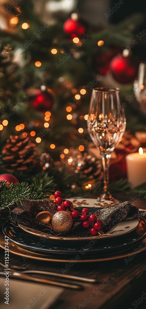 Christmas background with candles and Champagne on the table Christmas background with candles and Champagne on the table