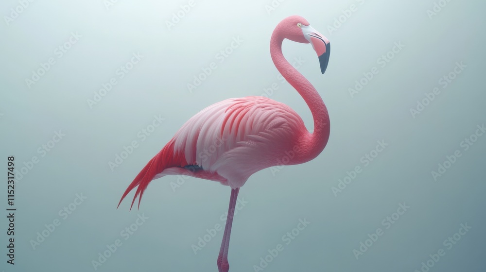 Fototapeta premium a single pink flamingo stands against a solid light blue background
