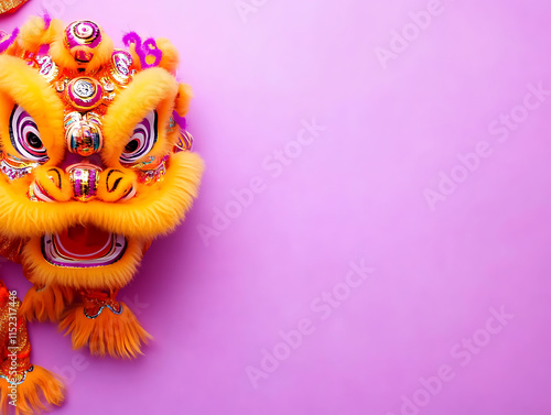 Chinese lion dance performance with vibrant costumes on pink wallpaper