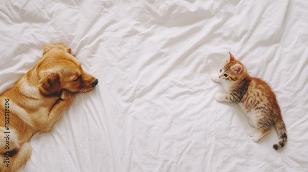 Obraz premium Playful puppy and curious kitten on cozy bed indoor setting pet photography warm atmosphere close-up view friendship concept