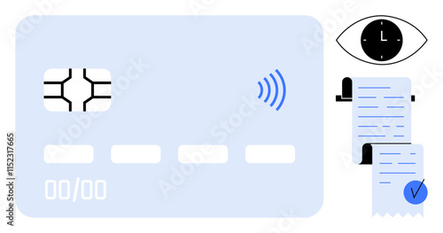 Credit card with a chip and contactless symbol beside receipts and an eye with a clock. Ideal for finance, security, financial monitoring, digital transactions, and cashless payments. Minimalist
