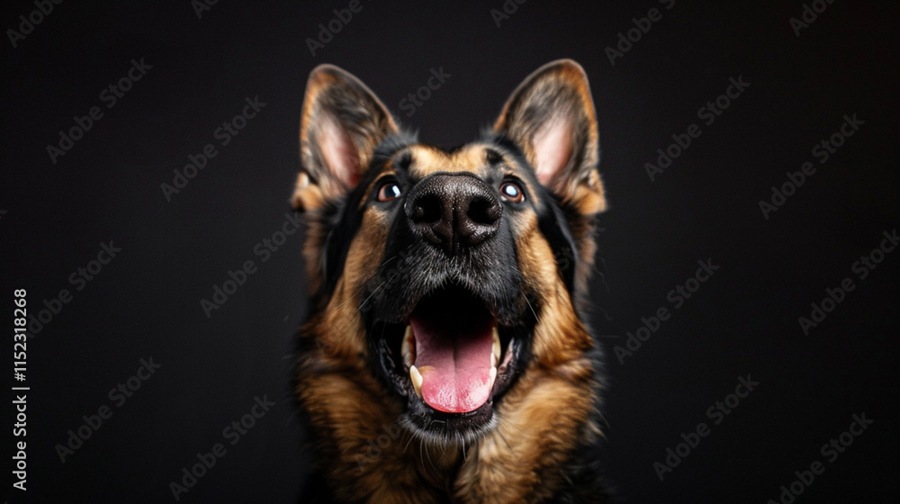 The dog looks upward, its ears perked with curiosity. The dog looks upward, its ears perked with curiosity.