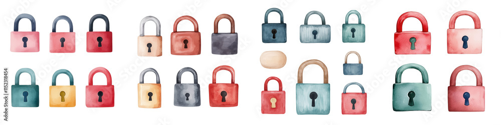 Safer internet day element, Colorful locks in various shapes and sizes, perfect for design, isolated on transparent background. Safer internet day element, Colorful locks in various shapes and sizes, perfect for design, isolated on transparent background.