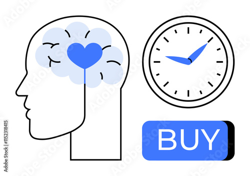 Human head with heart and brain, analog clock, and BUY button. Ideal for marketing, psychology, decision-making, time management, consumer behavior, e-commerce, emotional intelligence themes. Line