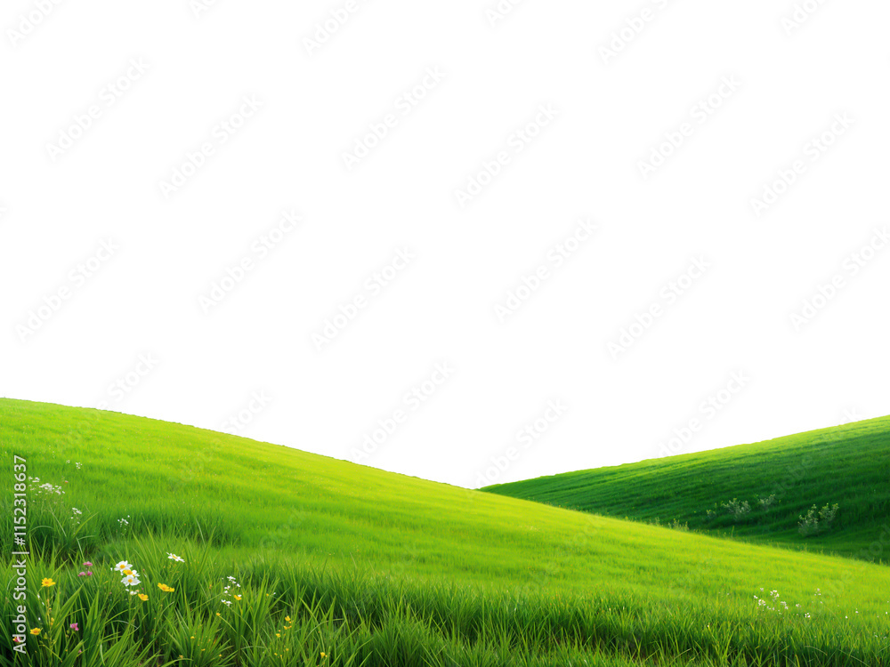 Obraz premium wide panorama of beautiful hilly meadow grass landscape cut out isolated on transparent background