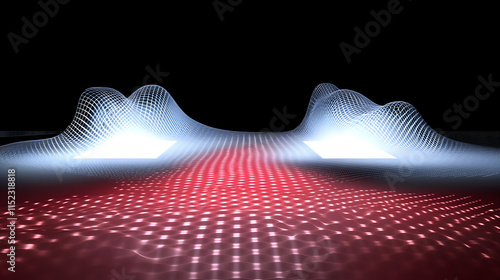 Wallpaper Mural Abstract digital landscape with glowing white grid waves over a red textured surface. Two bright squares illuminate the scene, creating a futuristic, technological feel. Torontodigital.ca