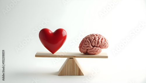 Red heart and brain model on seesaw symbolizing emotion and logic balance